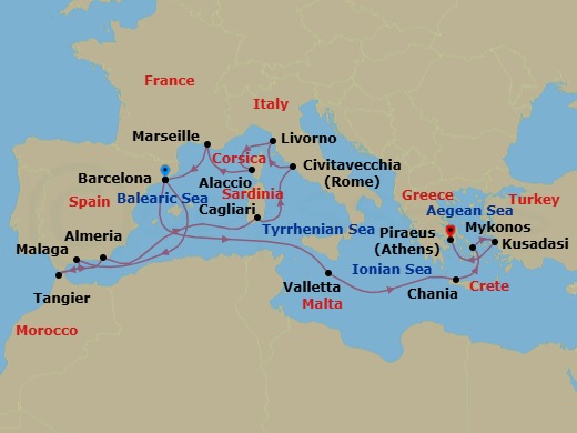 Route map: Barcelona → Malaga → Tangier (Tetouan) Morocco → Almeria → Cagliari → Rome (Civitavecchia) → Livorno → Alaccio → Marseille → Barcelona