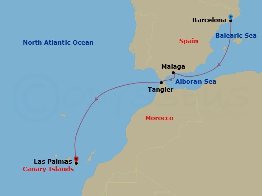 Route map: Barcelona → Malaga → Tangier → Las Palmas (Gran Canaria)