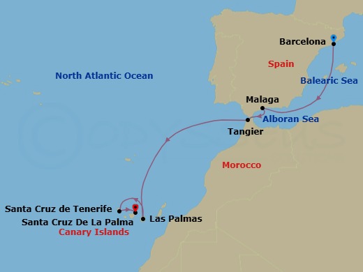 Route map: Barcelona → Malaga → Tangier → Las Palmas (Gran Canaria) → STCRUZ DE LA PALMA → Santa Cruz (Tenerife)