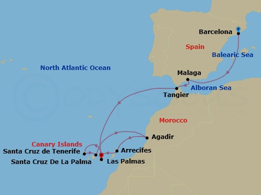 Route map: Barcelona → Malaga → Tangier → Las Palmas (Gran Canaria) → STCRUZ DE LA PALMA → Santa Cruz (Tenerife) → Agadir → Arrecife (Lanzarote) → Las Palmas (Gran Canaria)