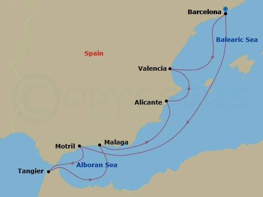 Route map: Barcelona → Malaga, Spain → Tangier → Motril → Alicante → Valencia → Barcelona