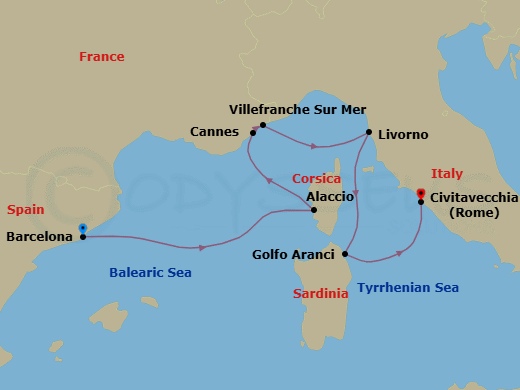 Route map: Barcelona → Ajaccio (Corsica) → Cannes → Villefranche → Tuscany (Livorno) → Golfo Aranci(Sardinia) → Rome (Civitavecchia)