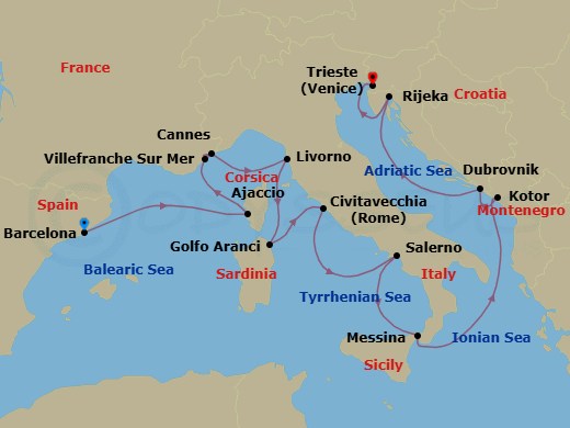Route map: Barcelona → Ajaccio (Corsica) → Cannes → Villefranche → Tuscany (Livorno) → Golfo Aranci(Sardinia) → Rome (Civitavecchia) → Salerno → Messina (Sicily) → Kotor