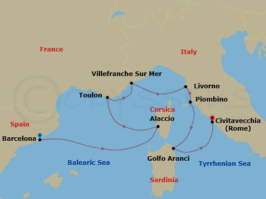 Route map: Barcelona → Ajaccio (Corsica) → Toulon → Villefranche → Tuscany (Livorno) → Piombino → Golfo Aranci(Sardinia) → Rome (Civitavecchia)