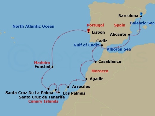 Route map: Barcelona → Alicante → Cadiz → Casablanca → Agadir → Arrecife (Lanzarote) → Las Palmas De Gran Canaria → Santa Cruz De Tenerife → Santa Cruz De La Palma → Funchal (Madeira)