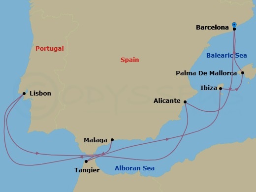 Route map: Barcelona → Alicante → Lisbon → Malaga → Tangier (Tetouan) Morocco → Ibiza → Palma De Mallorca → Barcelona