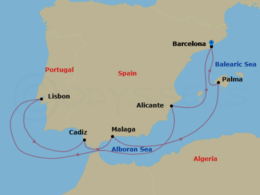 Route map: Barcelona → Alicante → Lisbon → Cadiz → Malaga, Spain → Palma De Mallorca → Barcelona
