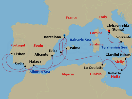 Route map: Barcelona → Alicante → Lisbon → Cadiz → Malaga, Spain → Palma De Mallorca → Barcelona → Ibiza → Tunis/La Goulette → La Valletta
