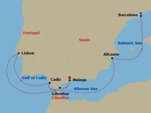 Route map: Barcelona → Alicante → Lisbon → Cadiz → Gibraltar → Malaga