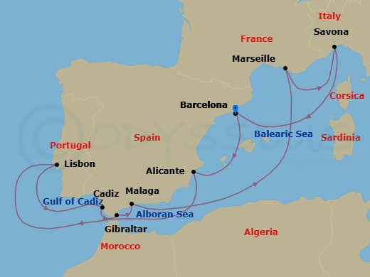 Route map: Barcelona → Alicante → Lisbon → Cadiz → Gibraltar → Malaga → Marseille → Savona → Barcelona
