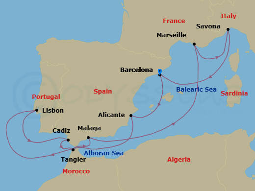 Route map: Barcelona → Alicante → Lisbon → Cadiz → Tangier → Malaga → Marseille → Savona → Barcelona