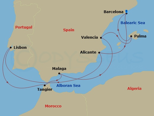 Route map: Barcelona → Alicante → Lisbon → Tangier → Malaga, Spain → Valencia → Palma De Mallorca → Barcelona