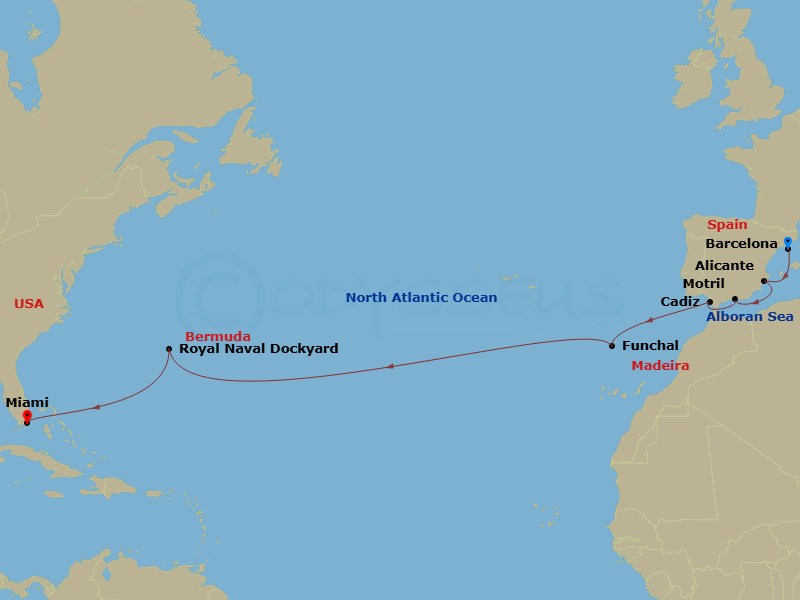 Route map: Barcelona → Alicante → Granada (Motril) → Seville (Cadiz) → Funchal (Madeira) → Royal Naval Dockyard → Miami
