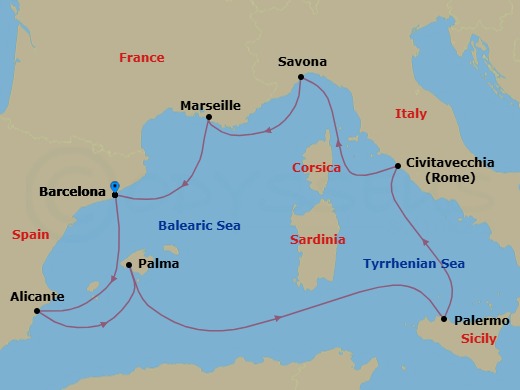 Route map: Barcelona → Alicante → PALMA DE MALLORCA → Palermo → Civitavecchia (Rome) → Savona → Marseille → Barcelona