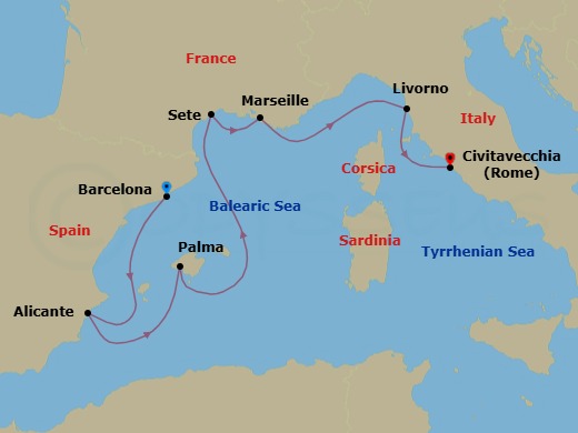 Route map: Barcelona → Alicante → Palma De Mallorca → Sete → Provence (Marseille) → Florence/Pisa/Tuscany (Livorno) → Rome (Civitavecchia)