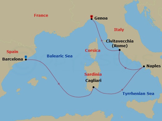 Route map: Barcelona (Spain) → Balearic Sea Darkest Spot → Cagliari (Italy) → Naples (Italy) → Civitavecchia | Rome → Genoa | Portofino