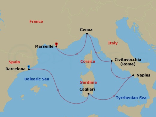 Route map: Barcelona (Spain) → Balearic Sea Darkest Spot → Cagliari (Italy) → Naples (Italy) → Civitavecchia | Rome → Genoa | Portofino → Marseilles (France)