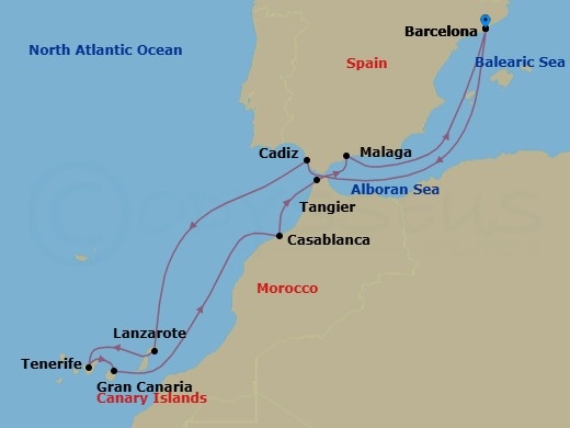 Route map: Barcelona, Spain → Seville (Cadiz), Spain → Lanzarote, Canary Islands → Tenerife, Canary Islands → Gran Canaria, Canary Islands → Casablanca, Morocco → Tangier, Morocco → Malaga, Spain → Barcelona, Spain