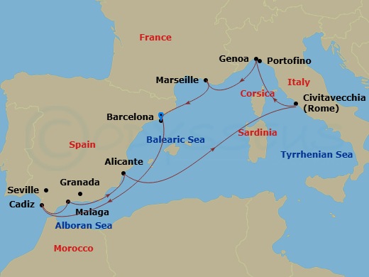 Route map: Barcelona Spain → Cadiz (Seville) Spain → Malaga (Granada) Spain → Alicante Spain → Civitavecchia (Rome) Italy → Genoa (Portofino) Italy → Marseille (Provence) France → Barcelona Spain