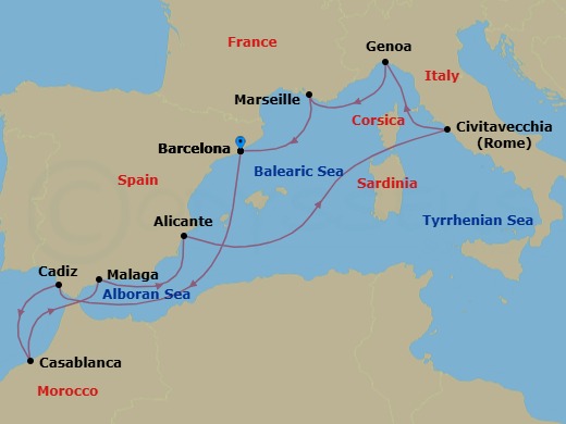 Route map: Barcelona → Cadiz → Casablanca → Malaga → Alicante → Rome (Civitavecchia) → Genoa → Marseille → Barcelona