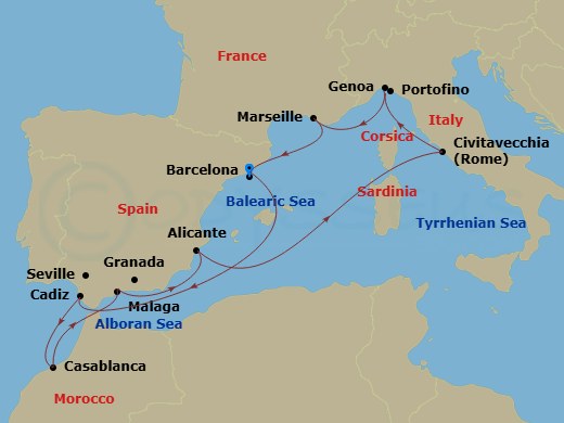 Route map: Barcelona Spain → Cadiz (Seville) Spain → Casablanca (Marrakech) Morocco → Malaga (Granada) Spain → Alicante Spain → Civitavecchia (Rome) Italy → Genoa (Portofino) Italy → Marseille (Provence) France → Barcelona Spain