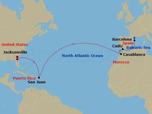 Route map: Barcelona, Spain → Cadiz  Seville, Spain → Casablanca, Morocco → San Juan, Pr → Jacksonville, Florida, Fl