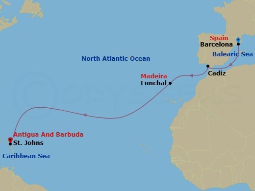 Route map: Barcelona → Cadiz → Funchal (Madeira) → St. John's (Antigua)
