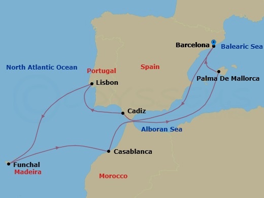 Route map: Barcelona, Spain → Seville (Cadiz), Spain → Lisbon, Portugal → Madeira (Funchal), Portugal → Casablanca, Morocco → Palma De Mallorca, Spain → Barcelona, Spain