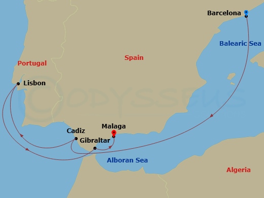Route map: Barcelona (Spain) → Cadiz (Spain) → Lisbon (Portugal) → Gibraltar (Uk) → Malaga (Spain)