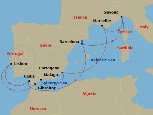 Route map: Barcelona (Spain) → Cadiz (Spain) → Lisbon (Portugal) → Gibraltar (Uk) → Malaga (Spain) → Cartagena (Spain) → Marseille (France) → Savona (Italy) → Barcelona (Spain)