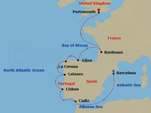 Route map: Barcelona → Cadiz → Lisbon → Oporto (Leixoes) → A Coruna → Gijon → Bordeaux → Portsmouth