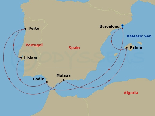 Route map: Barcelona, Spain → Seville (Cadiz), Spain → Lisbon, Portugal → Porto (Leixoes), Portugal → Malaga, Spain → Palma De Mallorca, Spain → Barcelona, Spain