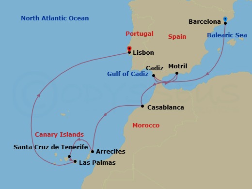 Route map: Barcelona, Spain → Cadiz  Seville, Spain → Motril, Spain → Casablanca, Morocco → Arrecife, Spain → Santa Cruz De Tenerife, Spain → Las Palmas  Gran Canaria, Spain → Lisbon, Portugal