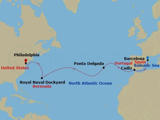 Route map: Barcelona, Spain → Cadiz  Seville, Spain → Ponta Delgada, Portugal → Royal Naval Dockyard, Bermuda → Philadelphia, Pa