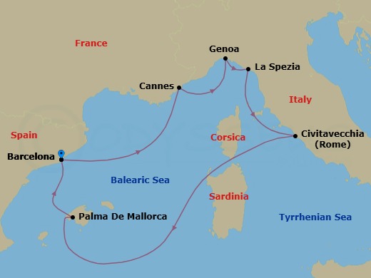 Route map: Barcelona Spain → Cannes (Cote d'Azur) France → Genoa (Portofino) Italy → La Spezia (Cinque Terre) Italy → Civitavecchia (Rome) Italy → Palma de Mallorca (Baleari Is.) Spain → Barcelona Spain
