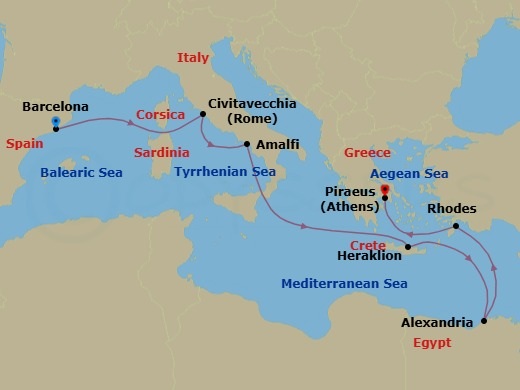 Route map: Barcelona → Rome (Civitavecchia) → AMALFI COAST SAIL BY, IT → Heraklion → Alexandria → Rhodes → Athens (Piraeus)
