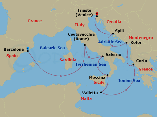 Route map: Barcelona → Rome (Civitavecchia) → Salerno → Messina (Sicily) → Valletta → Corfu → Kotor → Split → Trieste