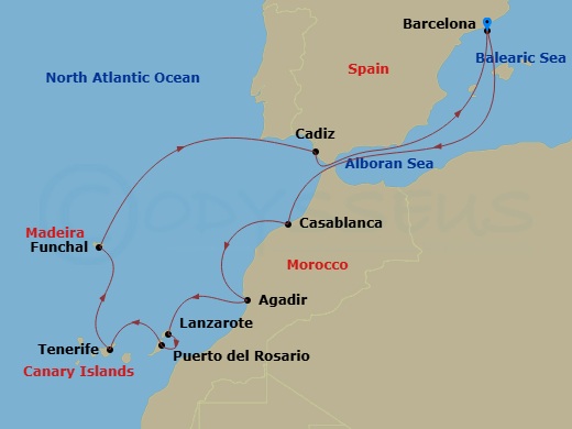 Route map: Barcelona → Casablanca → Agadir → Arrecife (Lanzarote) → Puerto Del Rosario → Santa Cruz De Tenerife → Funchal (Madeira) → Cadiz → Barcelona
