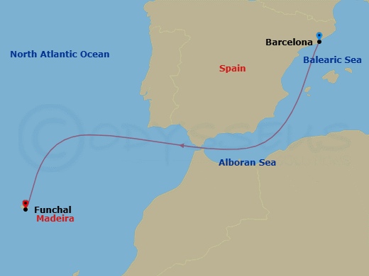 Route map: Barcelona Spain → Funchal (Madeira Is.) Portugal