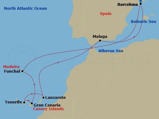 Route map: Barcelona → Funchal → Gran Canaria → Tenerife → Lanzarote → Malaga → Barcelona