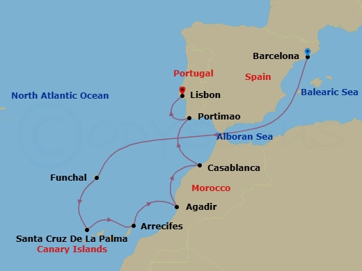 Route map: Barcelona → Funchal, Madeira → Santa Cruz de La Palma → Arrecife, Canary Islands → Agadir → Casablanca (Morocco) → Portimao → Lisbon
