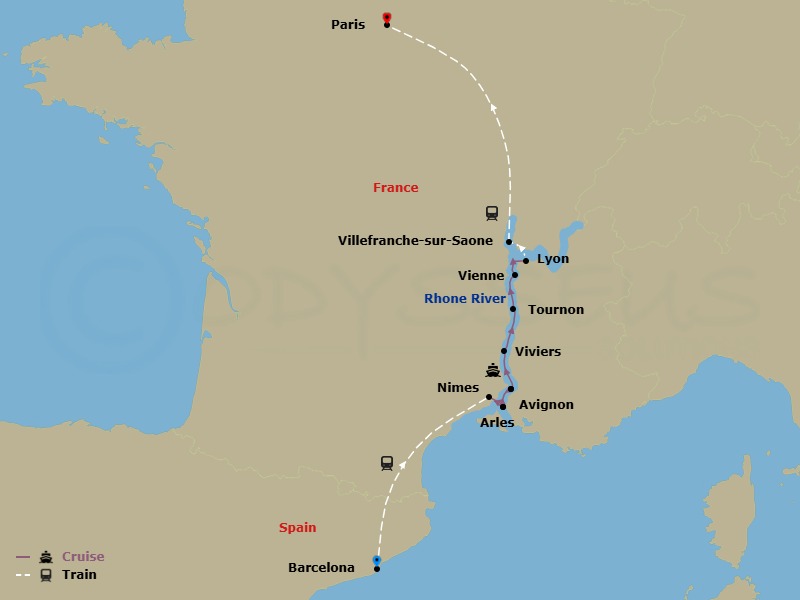Route map: Barcelona → Nimes → Arles → Avignon → Viviers → Tournon → Vienne → Lyon → Villefranche-Sur-Saone → Lyon