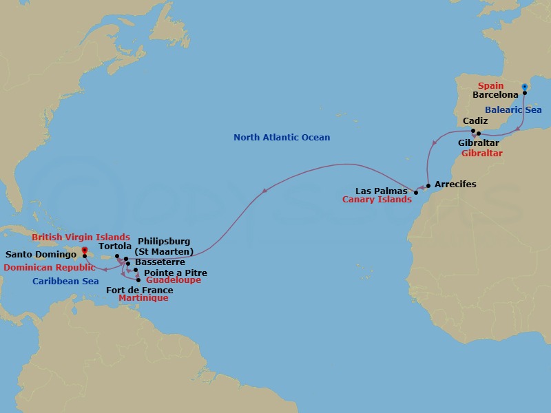 Route map: Barcelona → Gibraltar → Cadiz → Arrecife (Lanzarote) → Las Palmas (Gran Canaria) → Philipsburg → Fort-de-France → Pointe-a-Pitre → Basseterre (Saint Kitts) → Road Habour (Tortola)