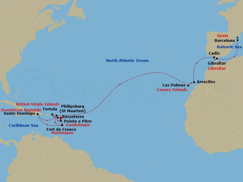 Route map: Barcelona → Gibraltar → Cadiz → Arrecife (Lanzarote) → Las Palmas (Gran Canaria) → Philipsburg → Fort-de-France → Pointe-a-Pitre → Basseterre (Saint Kitts) → Road Habour (Tortola)