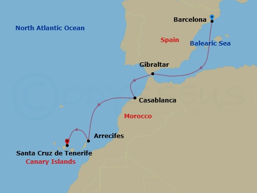 Route map: Barcelona → Gibraltar → Casablanca → Arrecife (Lanzarote) → Santa Cruz De Tenerife