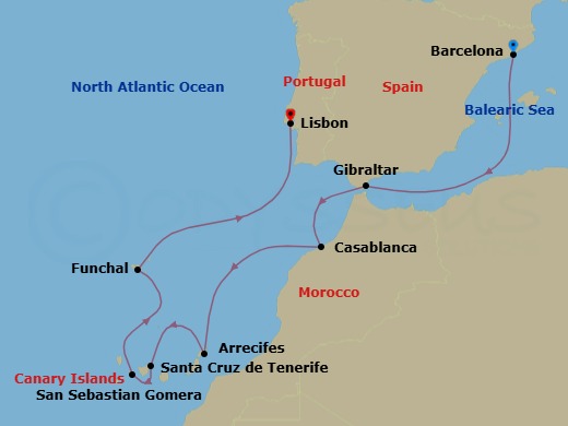 Route map: Barcelona → Gibraltar → Casablanca → Arrecife (Lanzarote) → Santa Cruz De Tenerife → San Sebastian De La Gomera → Funchal (Madeira) → Lisbon