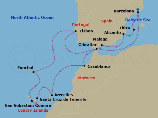 Route map: Barcelona → Gibraltar → Casablanca → Arrecife (Lanzarote) → Santa Cruz De Tenerife → San Sebastian De La Gomera → Funchal (Madeira) → Lisbon → Gibraltar → Malaga, Spain
