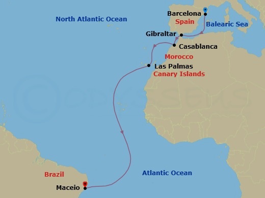 Route map: Barcelona Spain → Gibraltar Gibraltar → Casablanca (Marrakech) Morocco → Las Palmas de GCanaria (Canary Is) Spain → Maceio Brazil