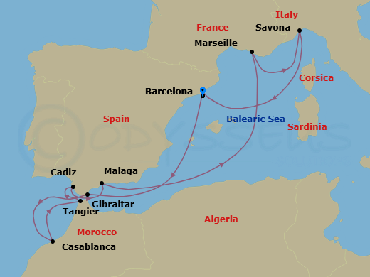 Route map: Barcelona → Gibraltar → Casablanca → Tangier → Cadiz → Malaga → Marseille → Savona → Barcelona