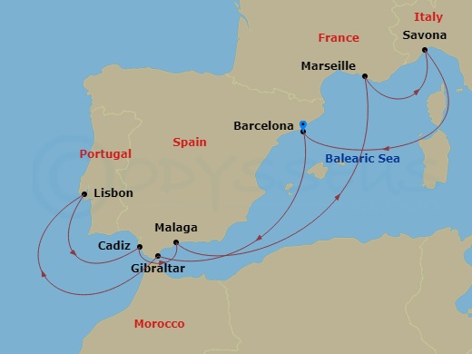 Route map: Barcelona → Gibraltar → Lisbon → Cadiz → Malaga → Marseille → Savona → Barcelona